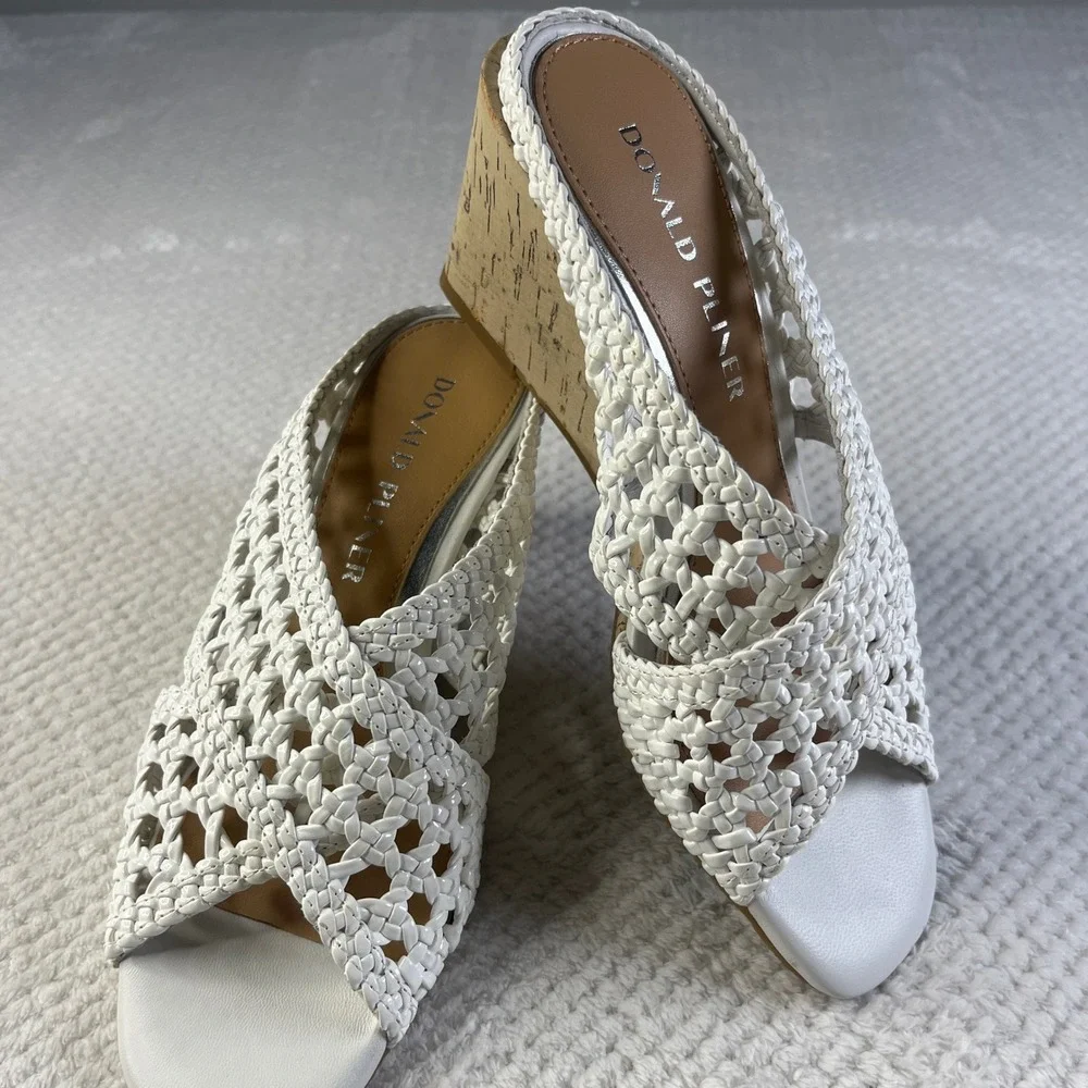 Donald Pliner White Woven Leather Cork Wedge Sandals Slides Womens 6M